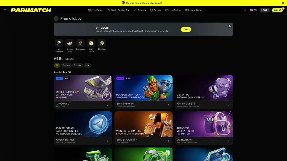 Sección de promociones de la plataforma Parimatch